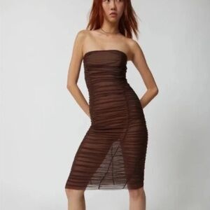 NEW Urban Outfitters Mia Sheer Mesh Rushed Midi Dress in brown women Small